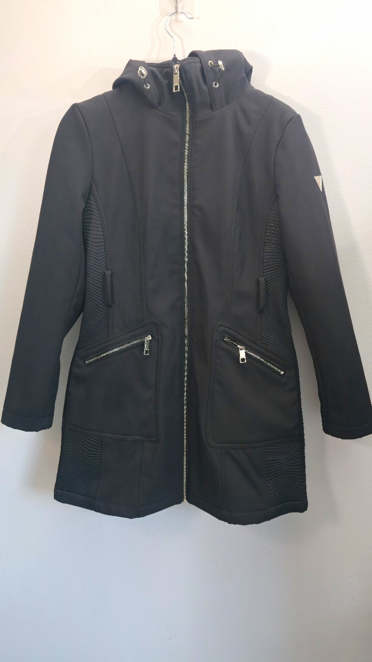 GUESS Women’s Black Hooded Full Zip Slim Fit Mid-Length Jacket Logo M